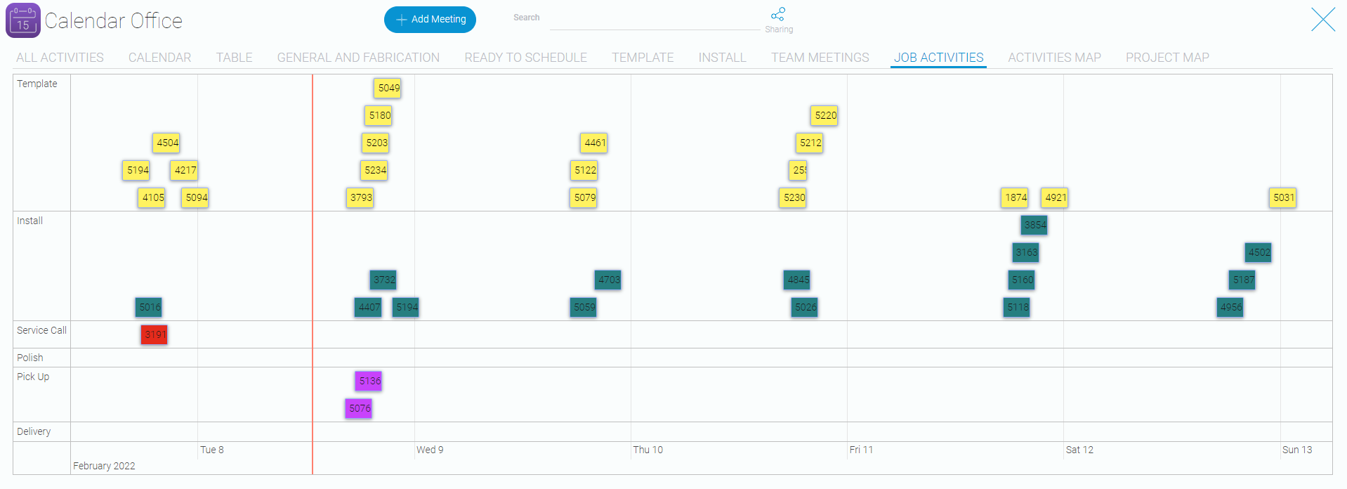 Gantt chart. Job Activities for week