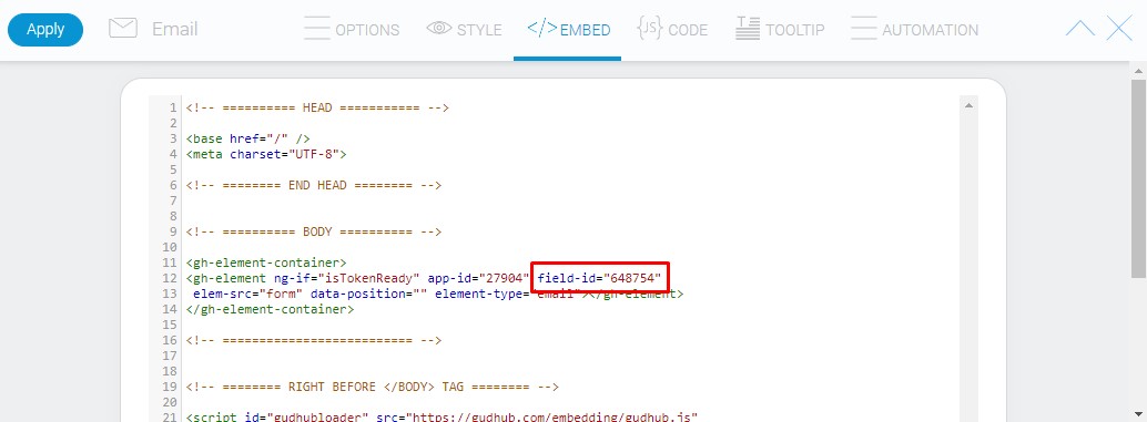 Code of the example field from EMBED
